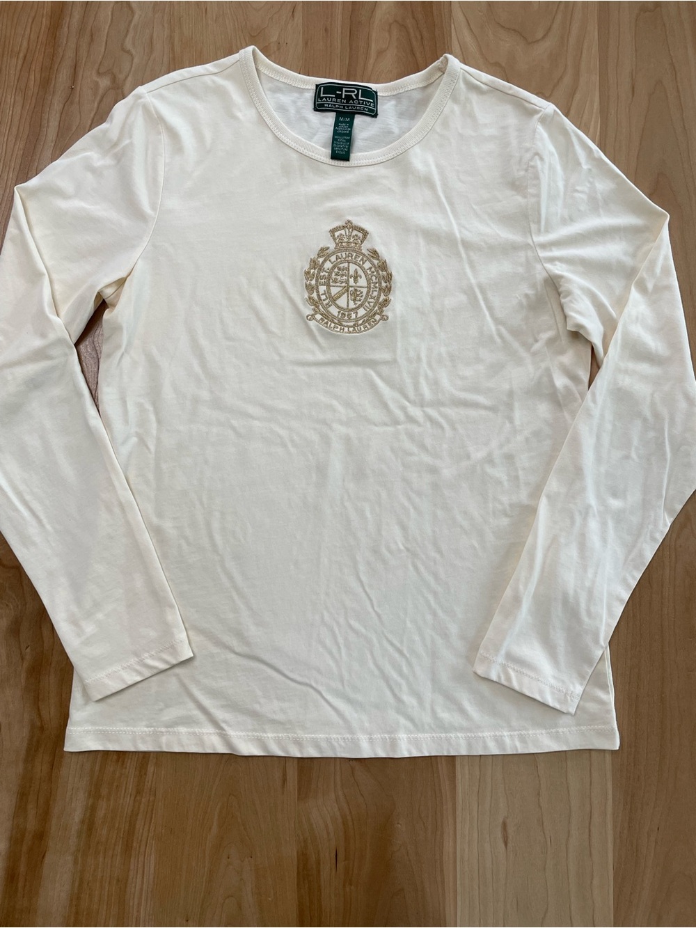 Lauren Active Ralph Lauren Medium Ivory Long Sleeve TShirt Gold Embroidered Logo